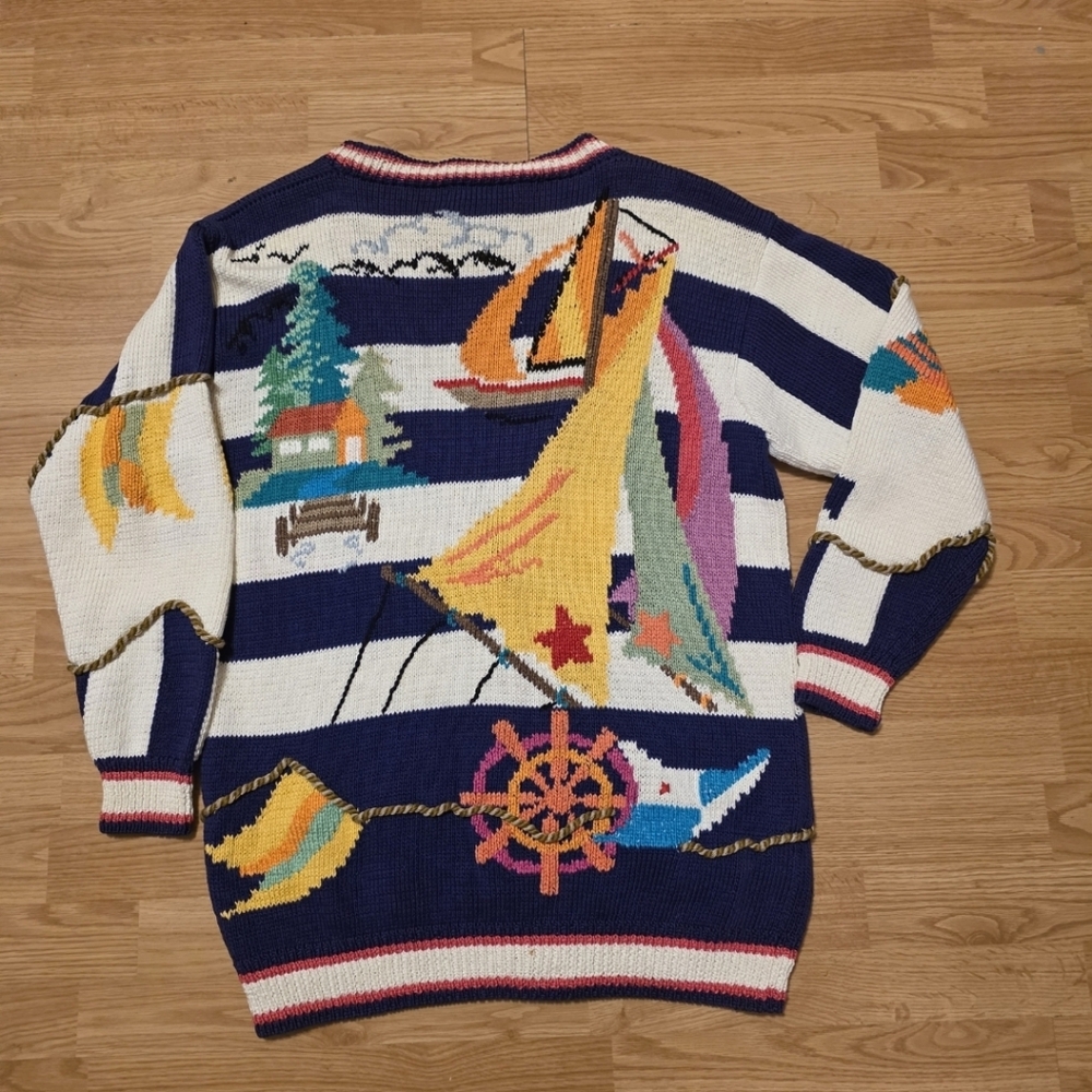 Vtg 1991 Berek Hand Knit Nautical Cardigan Sweater Pima Cotton Sailing Cruise - Picture 2 of 9
